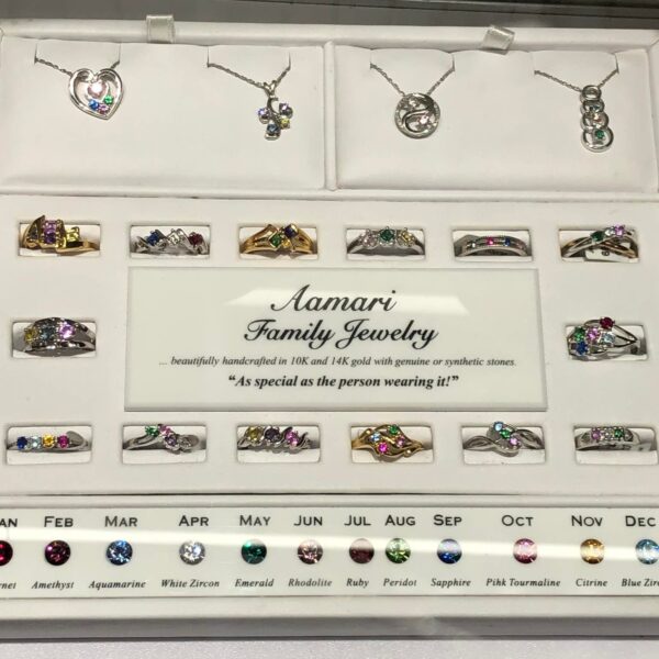 Lee's Fine Jewelry showroom amari family jewelry birthstones display - Highland, IL
